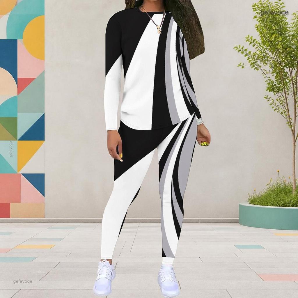 Women Plus Size Two Piece Set Round Neck Long Sleeve Floral Printed Top And Fitted Pants Black White
