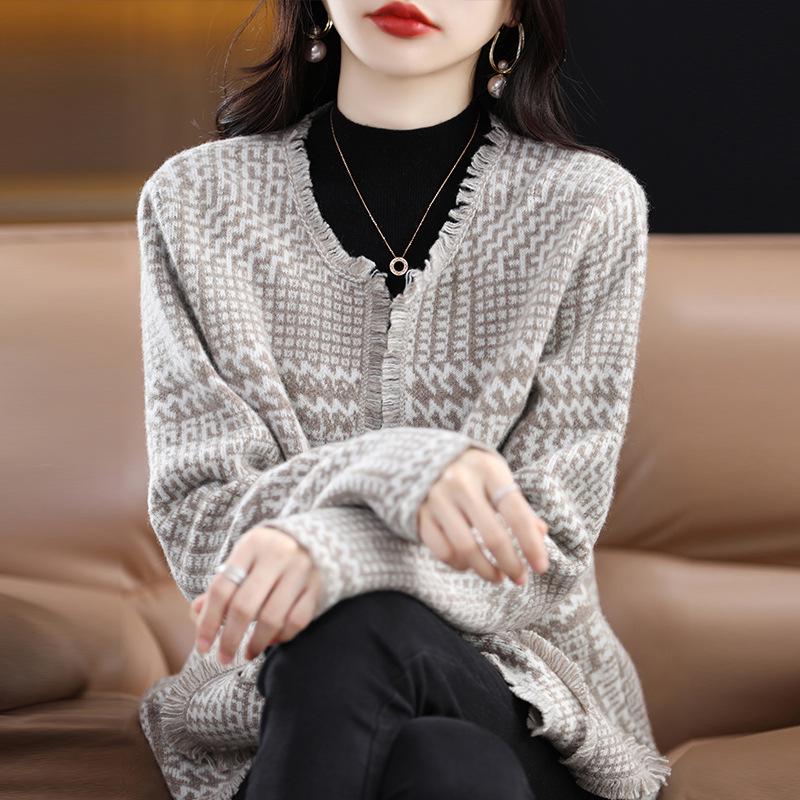 Women's French Chic Wool Houndstooth Cardigan - Autumn/Winter Thick Knit Tassel Coat
