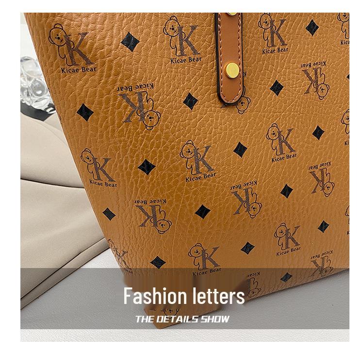 Bolsa Tote Feminina de Alta Capacidade com Estampa de Urso - Bolsa de Ombro Elegante para Passeios e Aulas