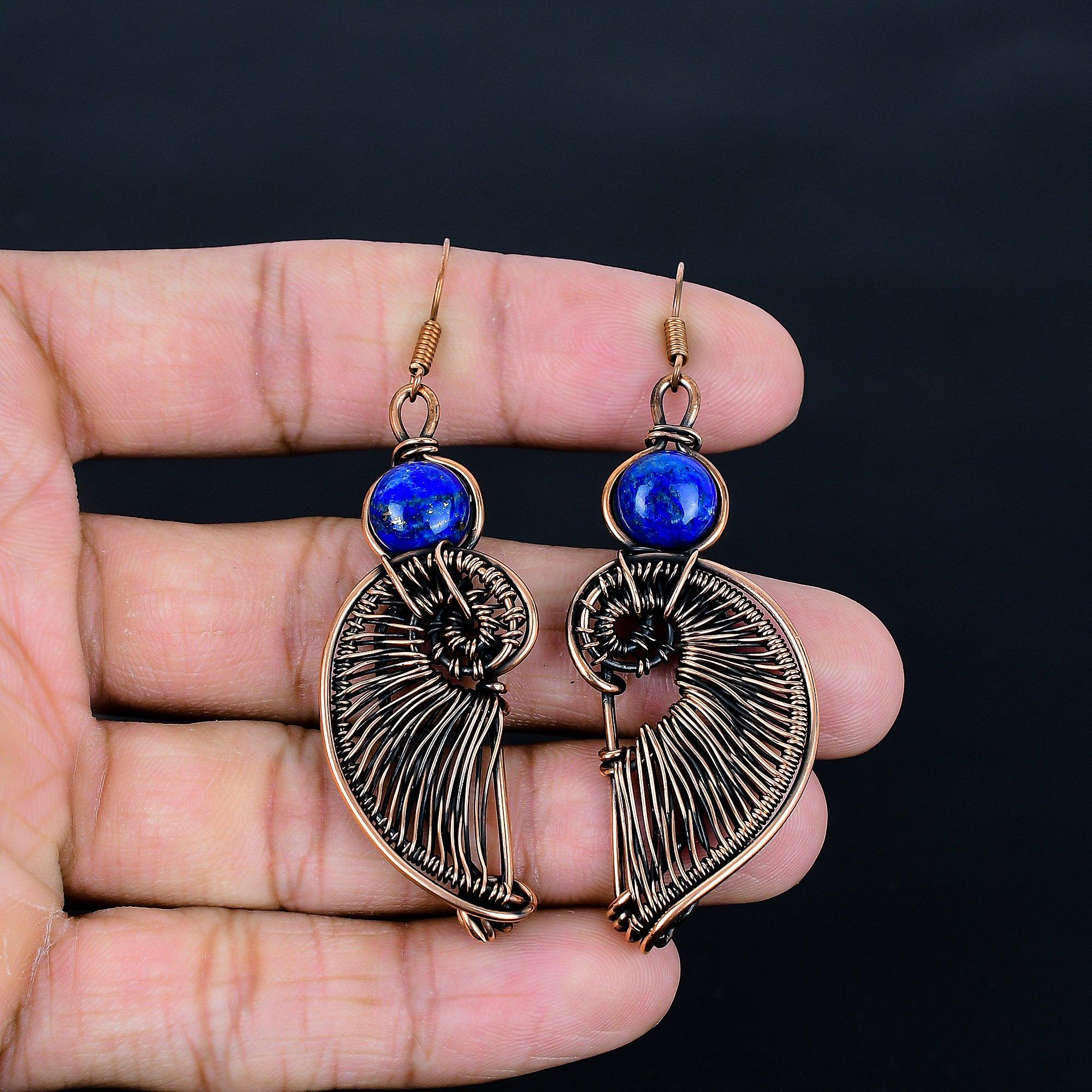 

Lapis Lazuli 999 Copper Wire Wrapper Earrings, Handmade Gemstone Earrings Jewelry, Gifts For Wife Brand New Earrings 2.55 Inches