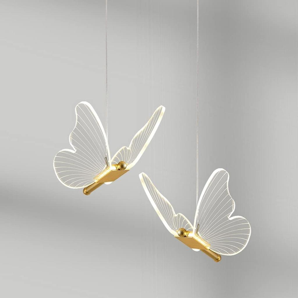 Butterfly Chandelier for Girls Bedroom Purple Pink Acrylic Shade 12W Dimmable LED Pendant Light Fixture Gold Hanging Ceiling Lamp for Staircase