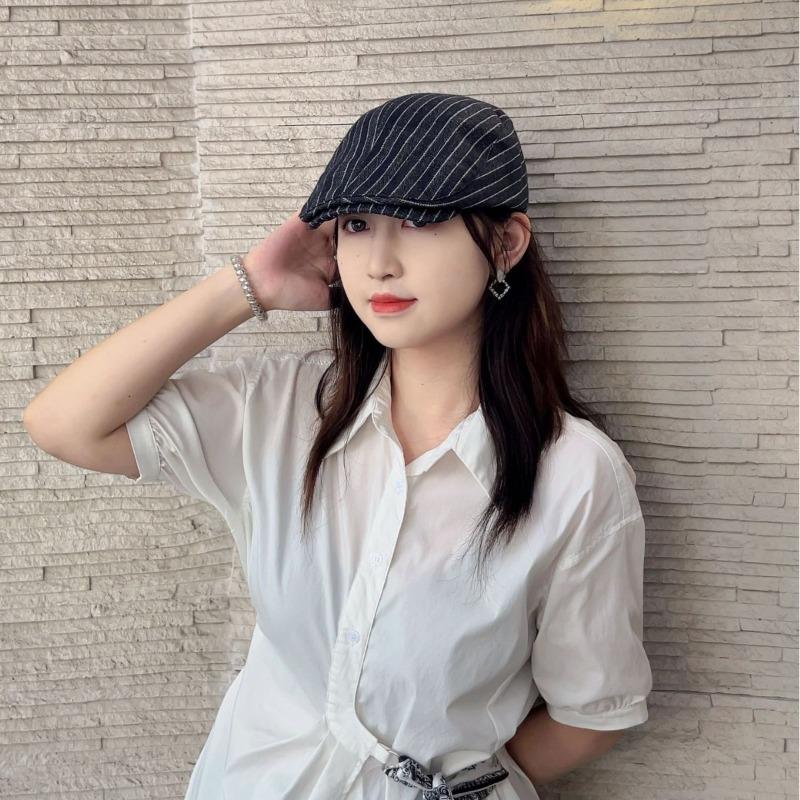 25 early autumn new striped retro forward hat women's vintage big head circumference duckbill hat beret tide