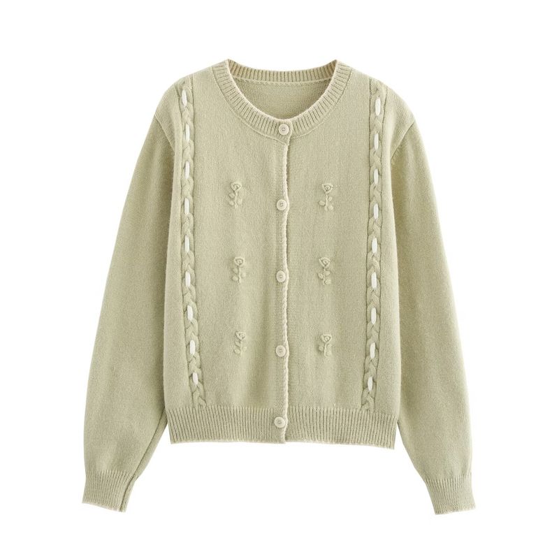 Kaslead New Arrival Women's Clothing Fashion Style Three-Dimensional Flower Contrast Color Hook Cable Stitch round Neck Knitting Cardigan Outwear