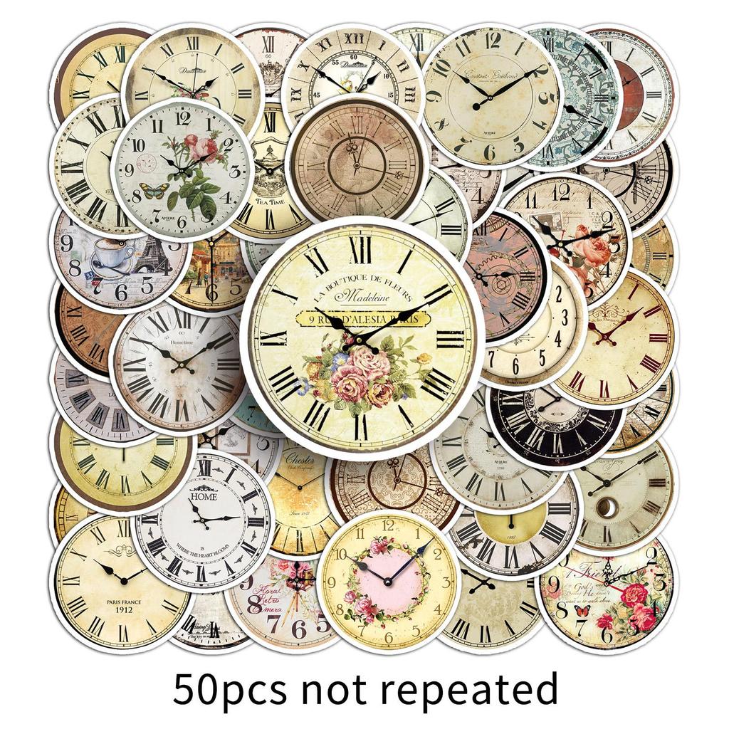 50 Nostalgic Clocks and Doodles Personalized Creative Retro Guka Decorative Mobile Phone Case Suitcase Stickers Waterproof