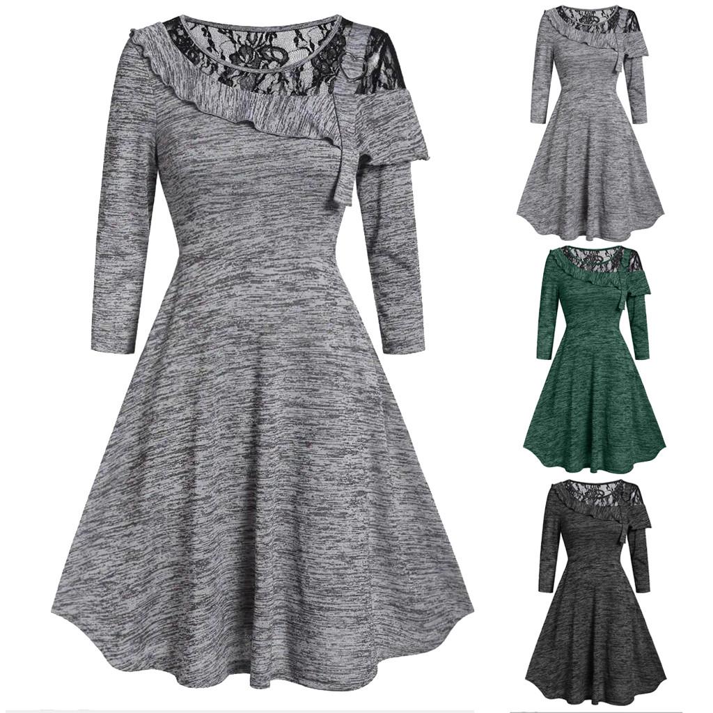 

Модное женское сплошное асимметричное кружевное повседневное платье с длинным рукавом