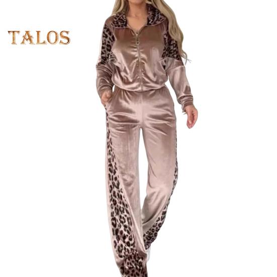 

Женские бархатные спортивные костюмы с леопардовым принтом, состоящий из двух частей, для отдыха, толстовка на молнии и спортивные штаны с карманами S хаки