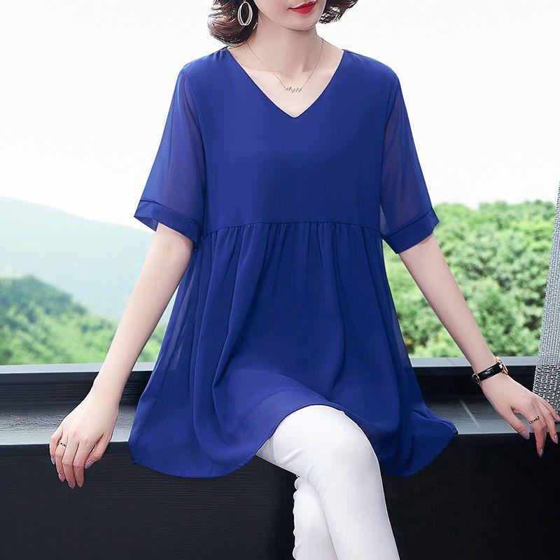 Fashion Commute Solid Midi Shirt Women's All-match Patchwork Summer Short Sleeve Elegant V-Neck Chiffon Blouse