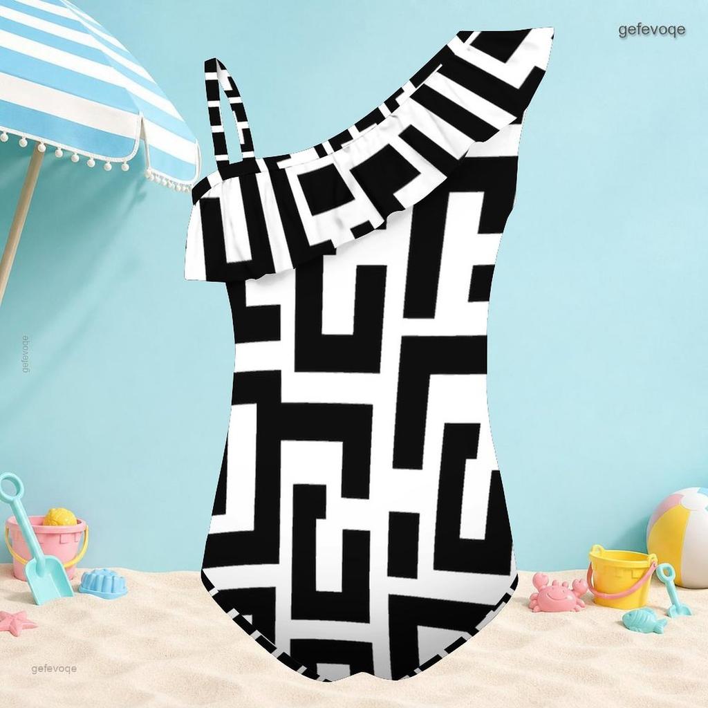 Girls One Shoulder Ruffle One Piece Swimsuit Black White Geometric Printed