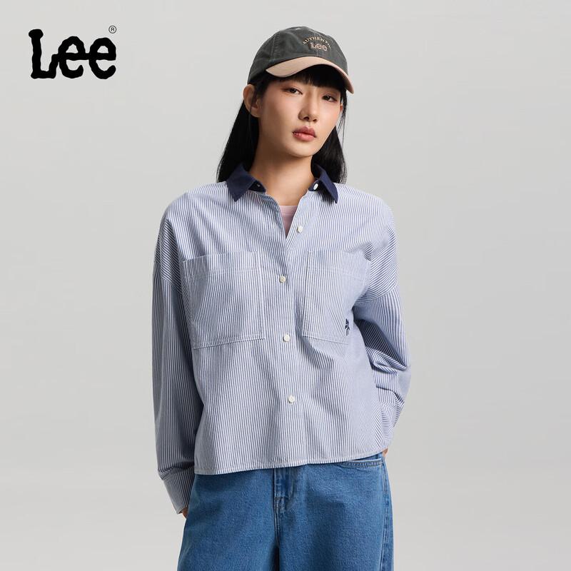 Lee Women s Striped Loose Fit Long-Sleeve Denim Collar Shirt L