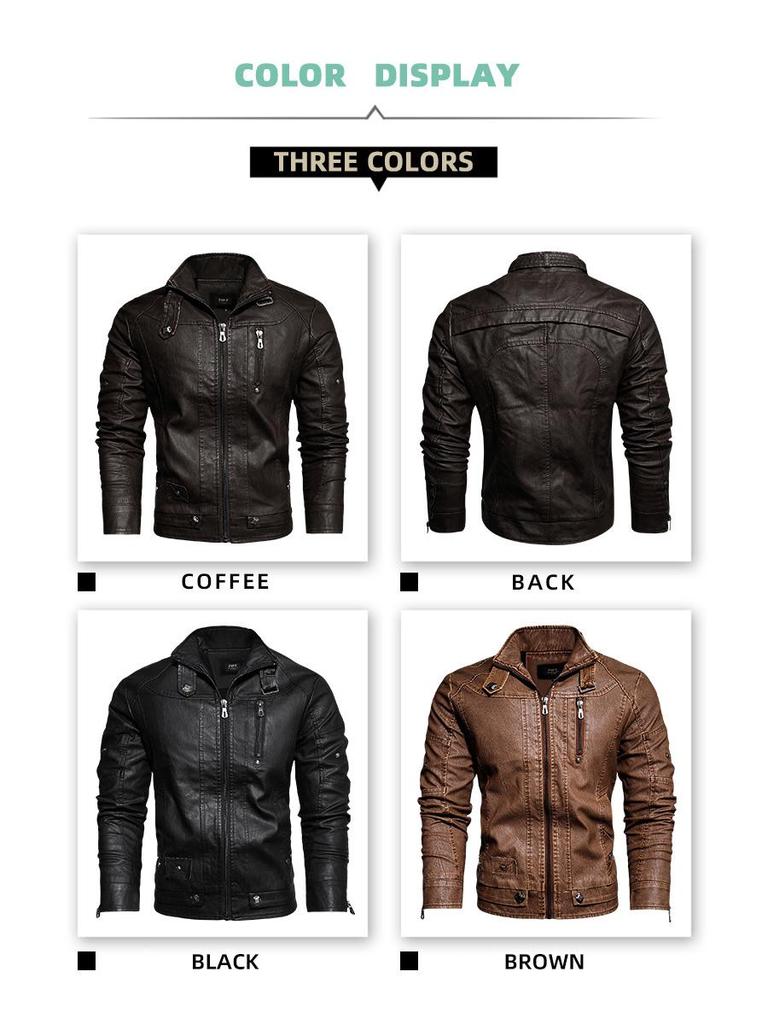 Herren Europäische & Amerikanische Slim Fit PU-Leder Motorradjacke mit Stehkragen und Plüschfutter