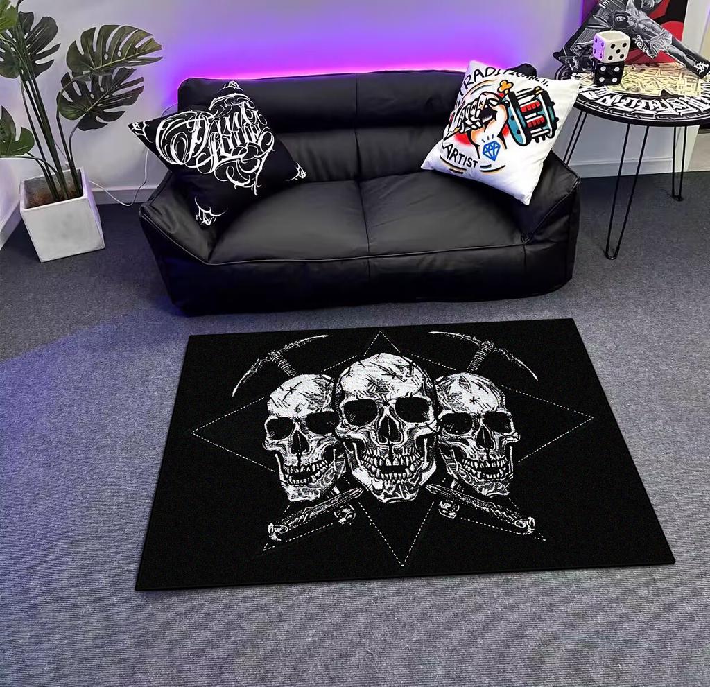 Modern Style Skull Pattern Black Carpet Big Size Non-slip Living Room Rug Soft Easy Cleaning Entrance Door Mat Machine Washable