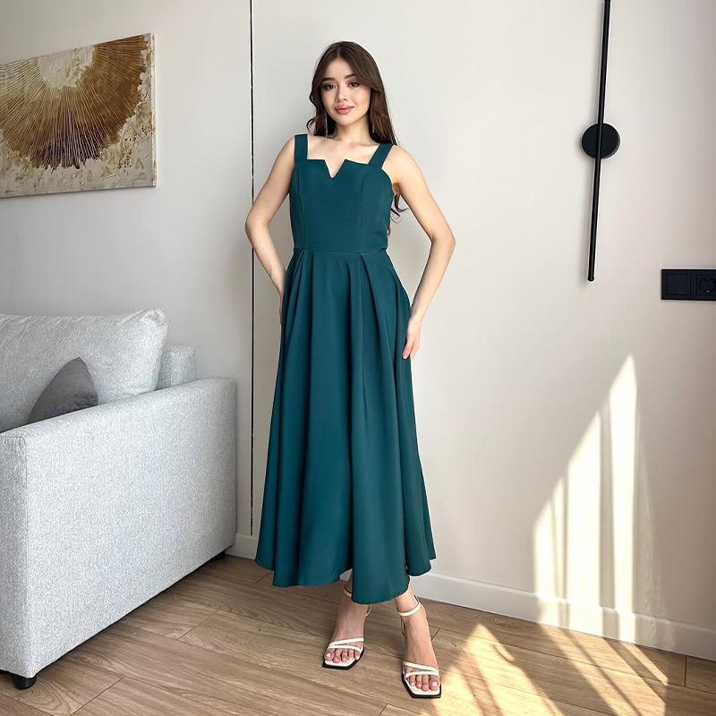 Elegant Sleeveless Solid Color Square Neck Backless Tie-up Camisole Dress S зелёный