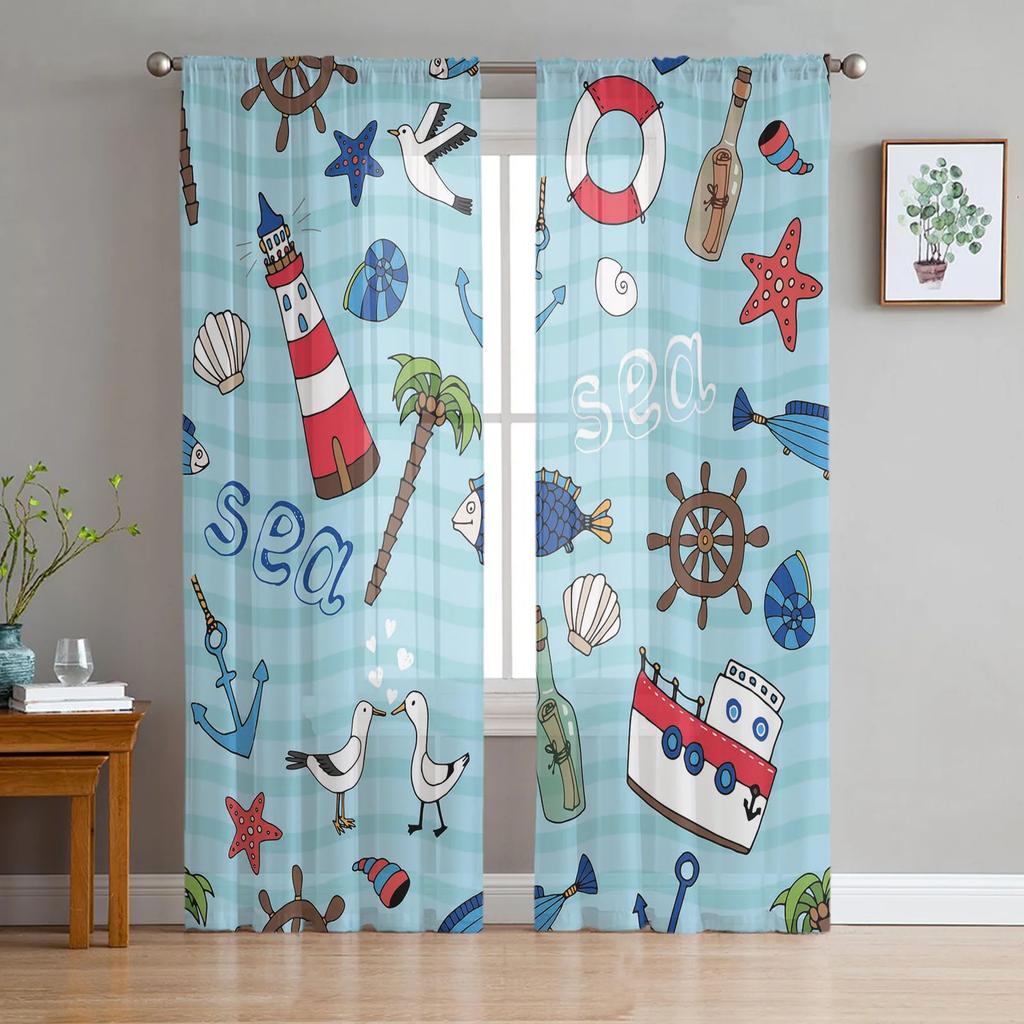 Sheer Watercolour Lighthouse Big Surf Seabird Curtains Living Room Bedroom Decoration Window Voiles Morning Tulle Curtain Polyester Washable Great