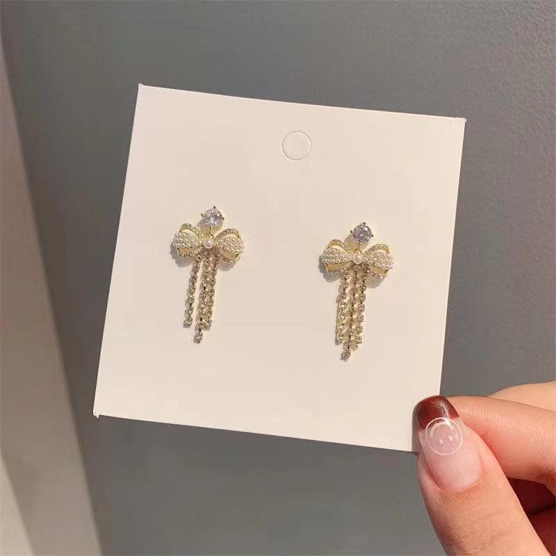 Elegant 2023 Pearl Bow Tassel Earrings with S925 Silver Needle and Rhinestones