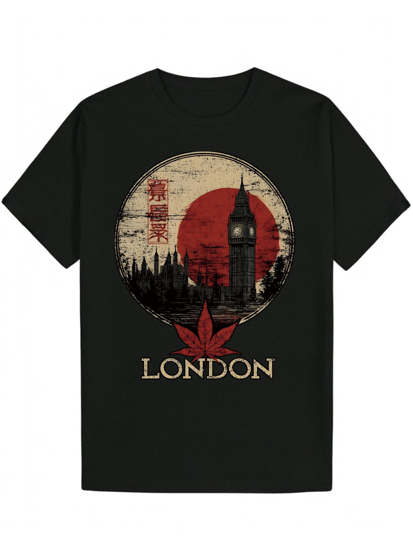 London-Inspired Summer Casual T-shirt - Black with Red & White London Landmark Print XXL