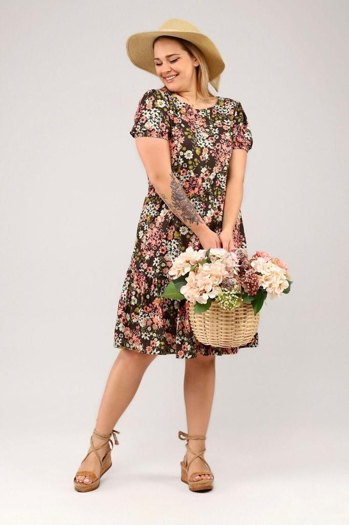 Damska Sukienka w Dużym Rozmiarze ze Szczegółowym Wzorem Kwiatowym i Falbaną na Dole, Plus Size Wygodna Stylowa Sukienka z Krótkim Rękawem - Somoni