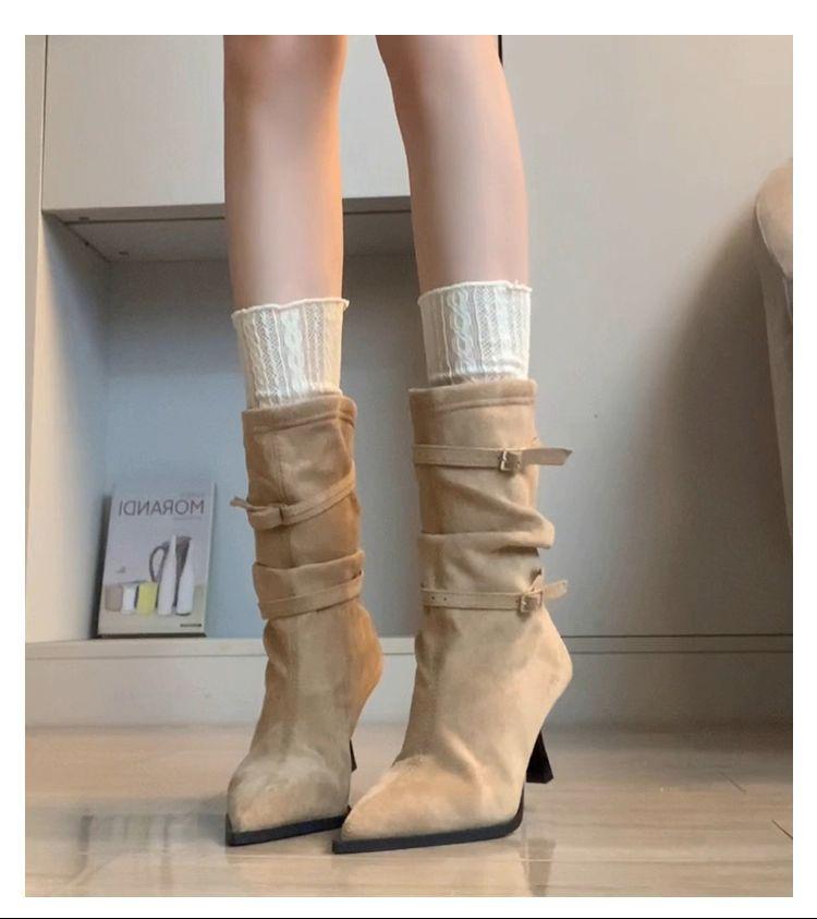 Pointed High-heeled Short Boots Women's 2025 New Autumn Retro Pleated Piled Boots Thin Heels Western Thin Boots