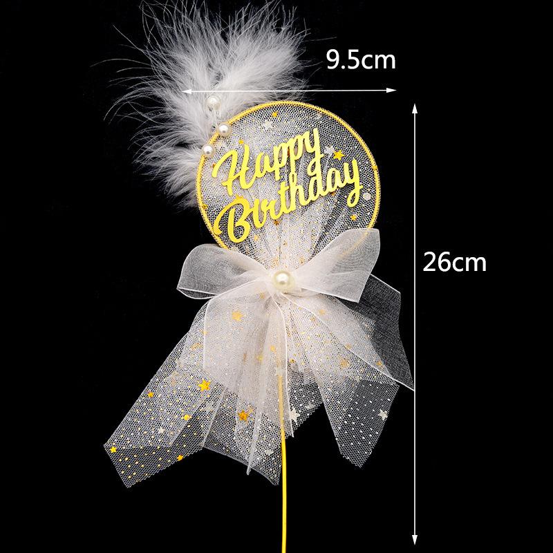 Shiny White Mesh heart round Happy Birthday Cake Topper with feather for Girls Women Princess Birthday Party cake Decorations