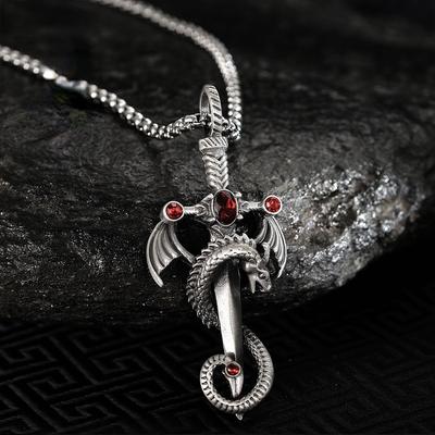 Vintage Silver Dragon Sword Cross Pendant Necklace For Men And Women Gothic Punk Long Chain Necklace Hip Hop Jewelry