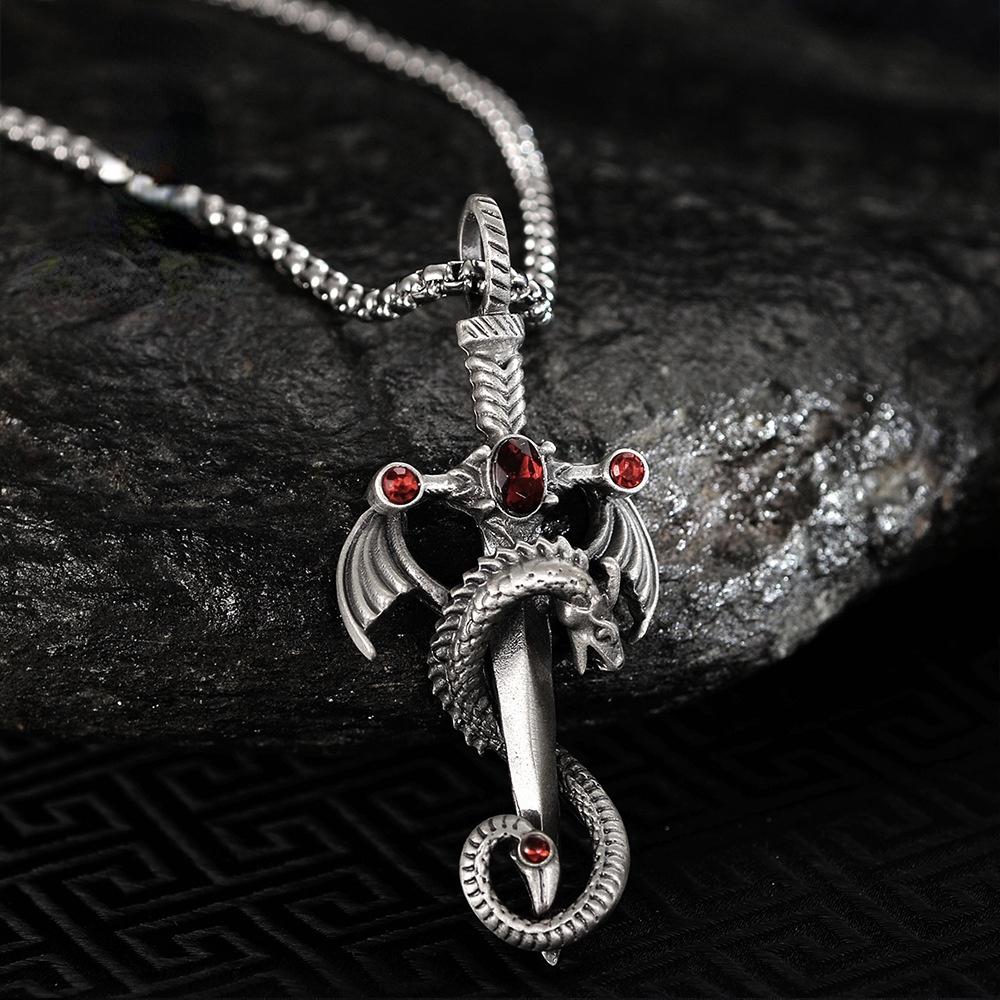 Vintage silver dragon sword cross pendant necklace for men and women Gothic punk long chain necklace hip hop jewelry