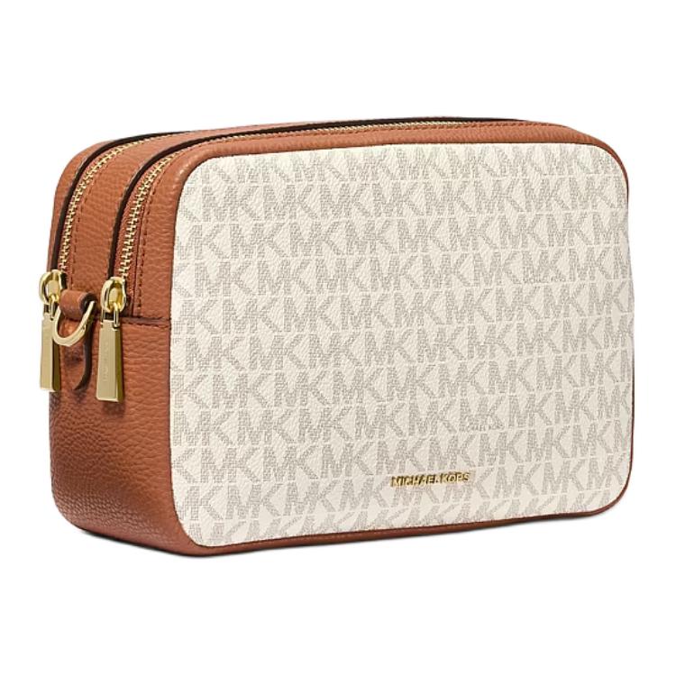 Michael Kors MK Bryant Metallic Logo Monogram Zip Closure Shoulder Crossbody Bag Medium Women bags Vanilla-White Acorn-Brown 32S5GYTC5B-VANILLA/ACRN