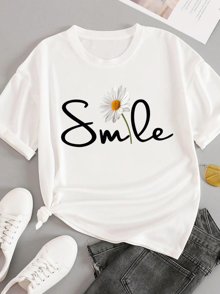 (Asian Size) trend love flower Short Sleeve T-shirts Women's Top T Female Print  Fashion O-neck Casual Clothing  Graphic Tee