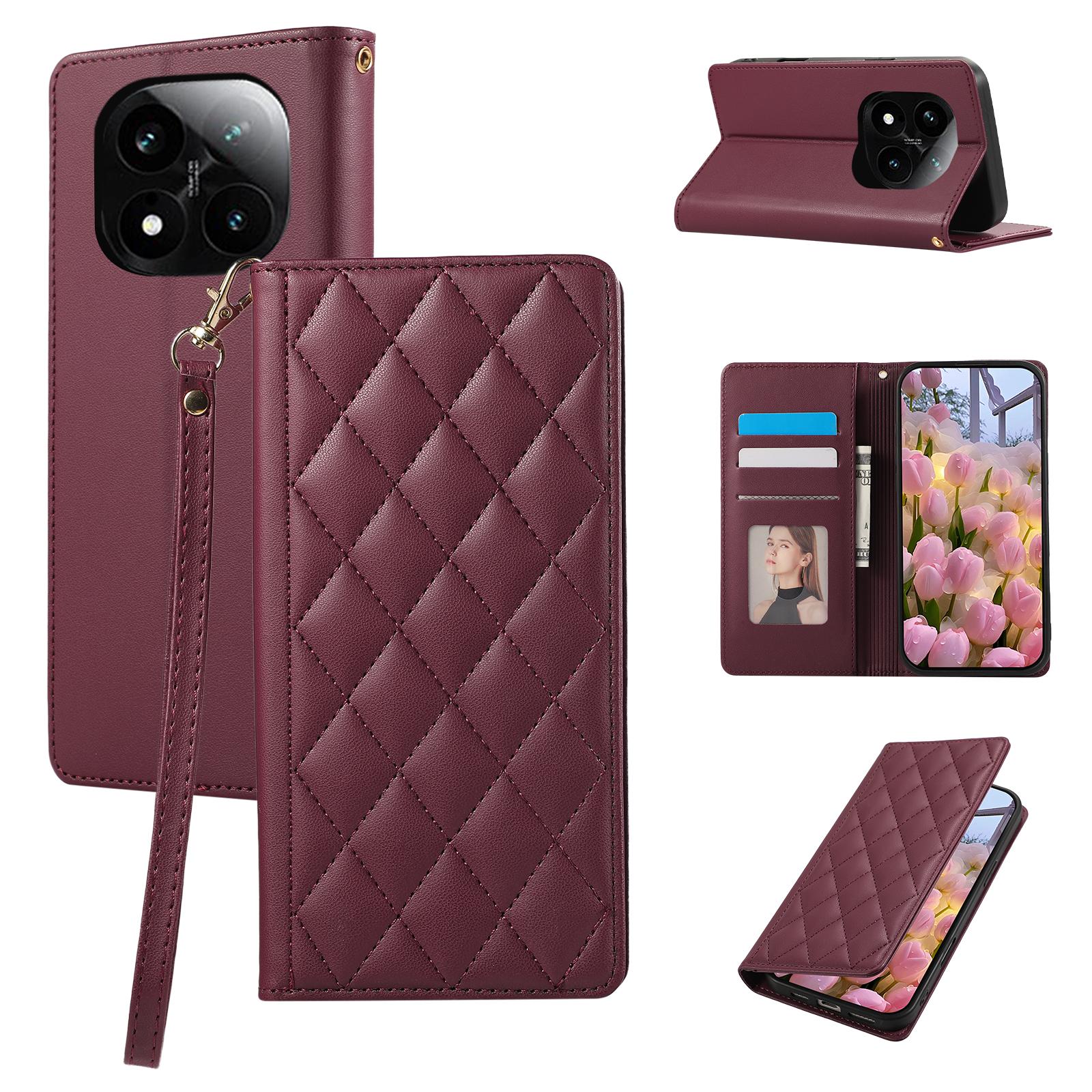 

Чехол для Xiaomi Redmi Note 14 Pro 4G, кошелек с RFID-блокировкой, подставка, ромбовидный кожаный чехол для телефона с ремешком на запястье Red