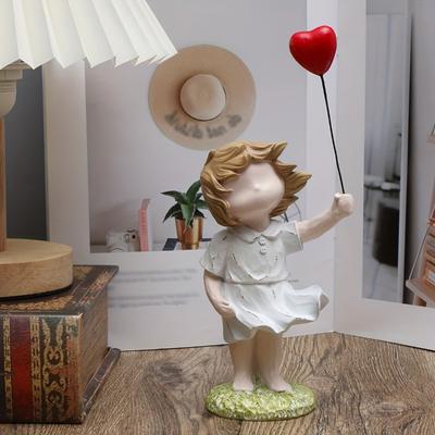 1pc Cute Chibi Balloon Girl Figurine Anime Resin Sculpture with Floating Heart Balloon Blowing Balloon for Tabletop