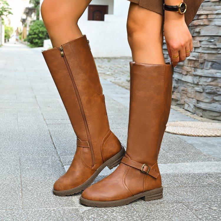 

Модные ботинки большого размера с круглым носком, квадратным каблуком и боковой молнией, осенне-зимние ботфорты до колена 43 коричневый