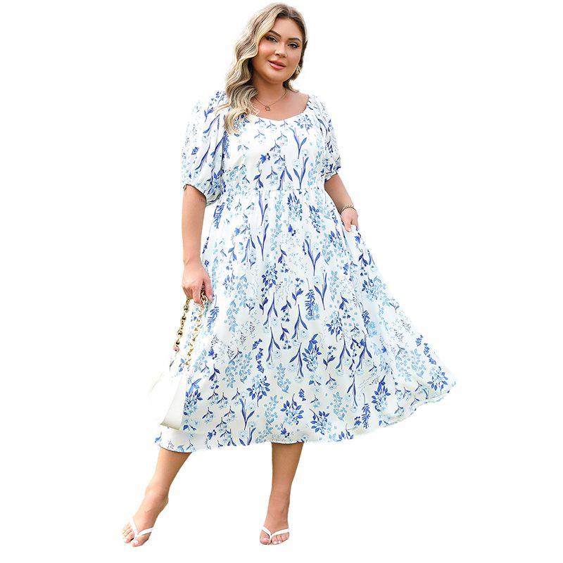 

American Shiying Summer New Flower Print Plus size dresses Women 2025 Artistic Loose Midi dress Blue XL code fits (70.00 kg-75.00 kg