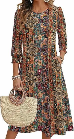 Women's Summer, Pocket Seven-Sleeve Floral Medium and Long Casual Dress