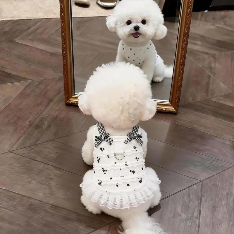 Sun Protection Lace Off-Shoulder Dress Thin Dog Princes Dress Flower Print Princess Skirt Anti-Static Puffy Skirt Small D...
