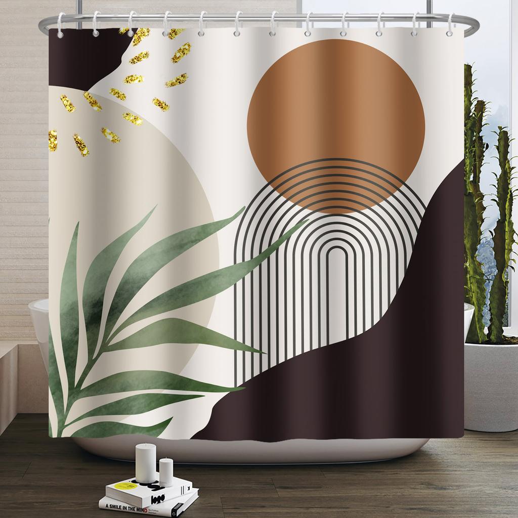 Mid Century Abstract Boho Shower Curtain Green Leaf Plant Modern Arch Sun Minimalist Nordic Waterproof Bathroom Bath Curtain