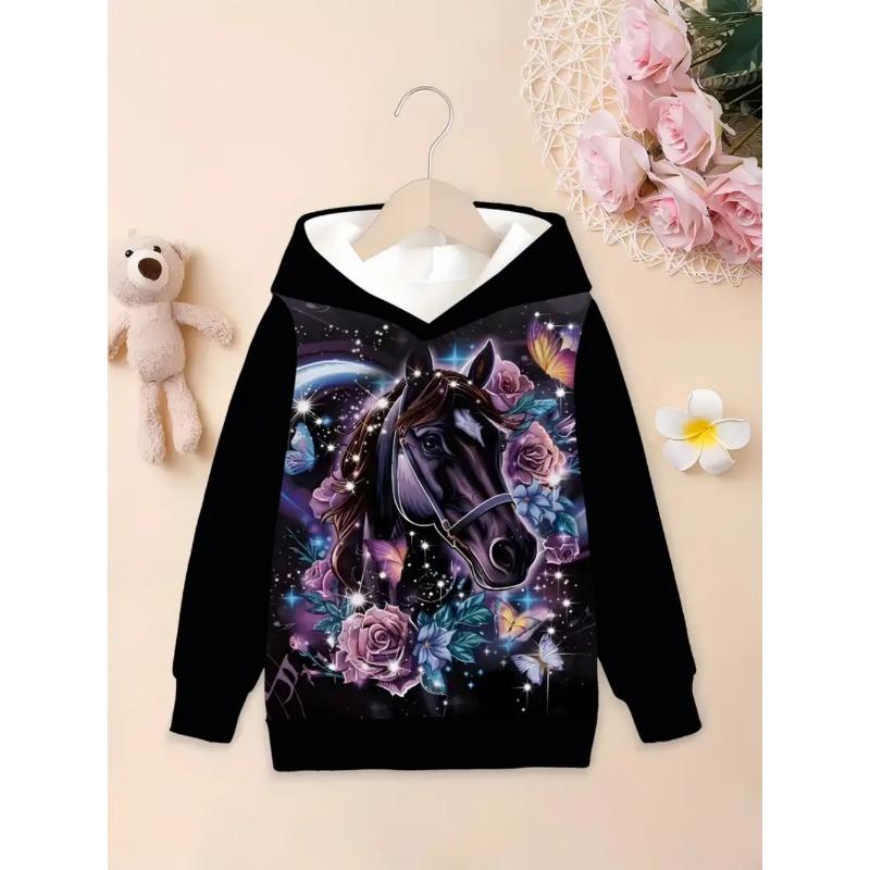 Vêtements Cool pour Filles Équestres Animaux Impression 3D Automne Sweats à Capuche Manches Longues Amples Légers Sweat Confortable Vêtements pour Enfants