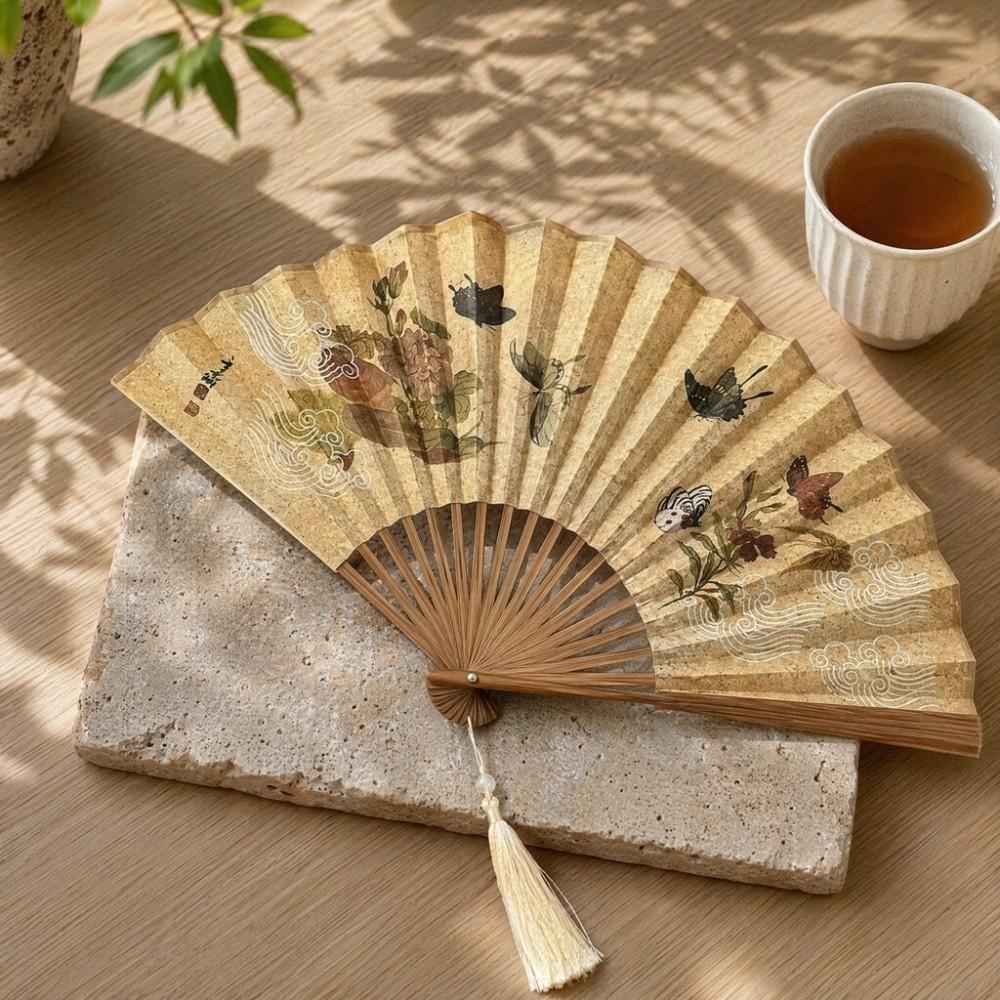 Double Sided Folding Hand Fan Bamboo Frame Retro Handheld Fan Summer Dance Fan  Hanfu Cheongsam