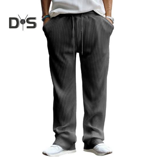 Men's Casual Wide-Leg Trousers Drawstring Waist Sweatpants with Side Pockets Straight Striped Loose Fit Trousers for Travel Outdoor Sports