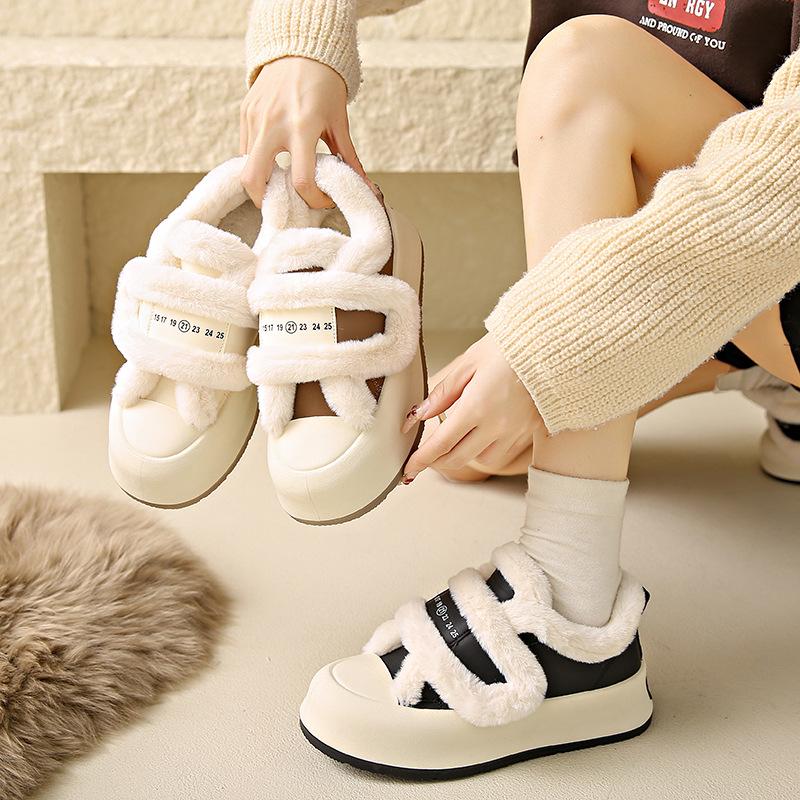 Women's Retro Velcro Thick Sole Fashion Lightweight Soft Sole Winter Warm Fur One Snow Boots Fluffy Lined Non-slip Casual Sports Cotton Boots