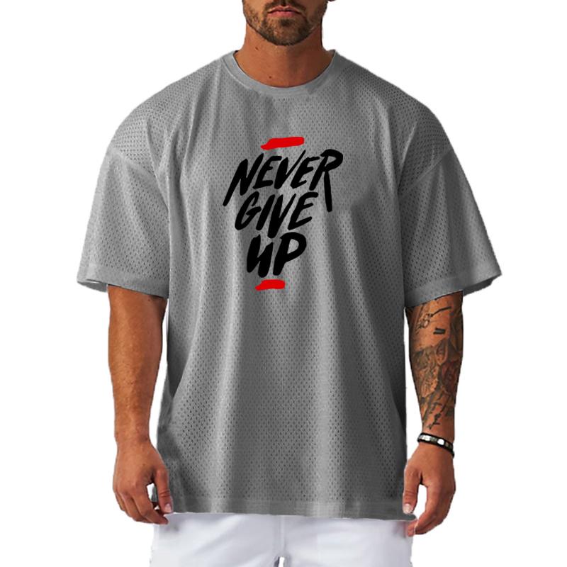 Muscleguys Oversized Loose Mesh Running T-Shirts Mens Summer Quick Dry Fitness Half Sleeve T Shirts NEVER GIVE UP Sports Gym Clothing