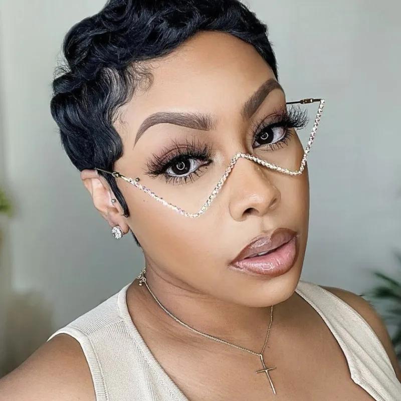 Vintage No Lens Women Sun Glasses Colorful Luxury Brand Rainbow Diamond Decoration Eyewear Fashion Half Metal Frame Decorative