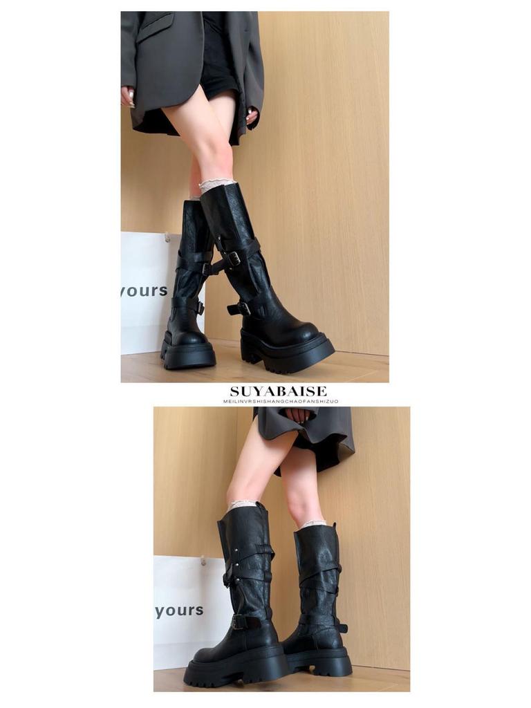 2025 Women's High-Top Over-the-Knee Knight Boots – Versatile Buckle, Thick-Soled, Autumn Style