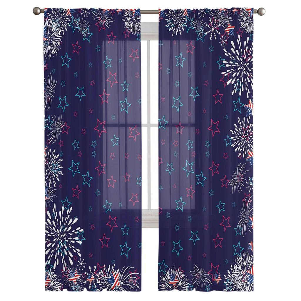 Independence Day Pentagram Fireworks Sheer Curtains for Living Room Bedroom Kids Room Tulle Window Treatment Drapes