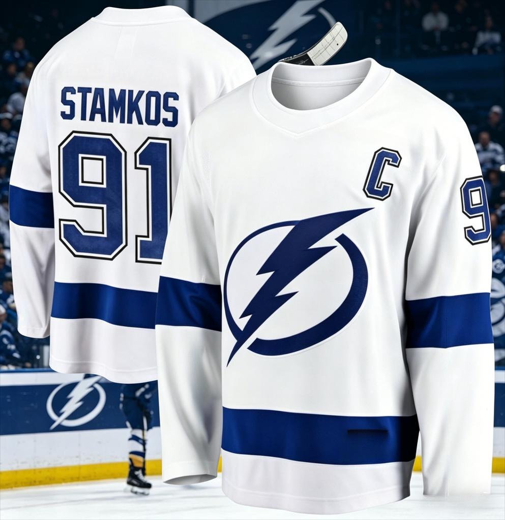 Ice Hockey Training Jersey Lightning Team Fan 3D Print White Breathable Sport Jersey Long Sleeves V-Neck T-shirt