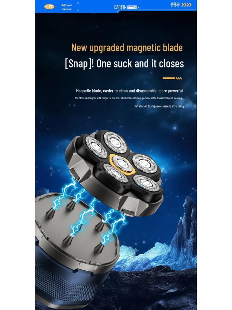 Smart Magnetic 6-Blade Electric Shaver - Fully Washable Bald Head Razor