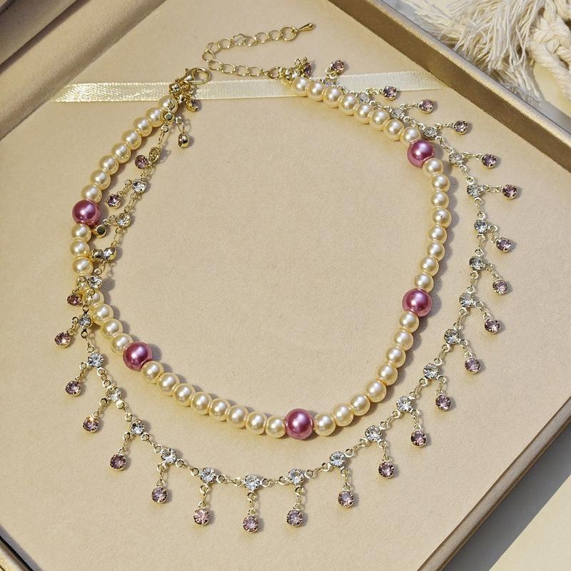 Meier French retro pearl double layer tassel collarbone chain high-end palace style necklace for women