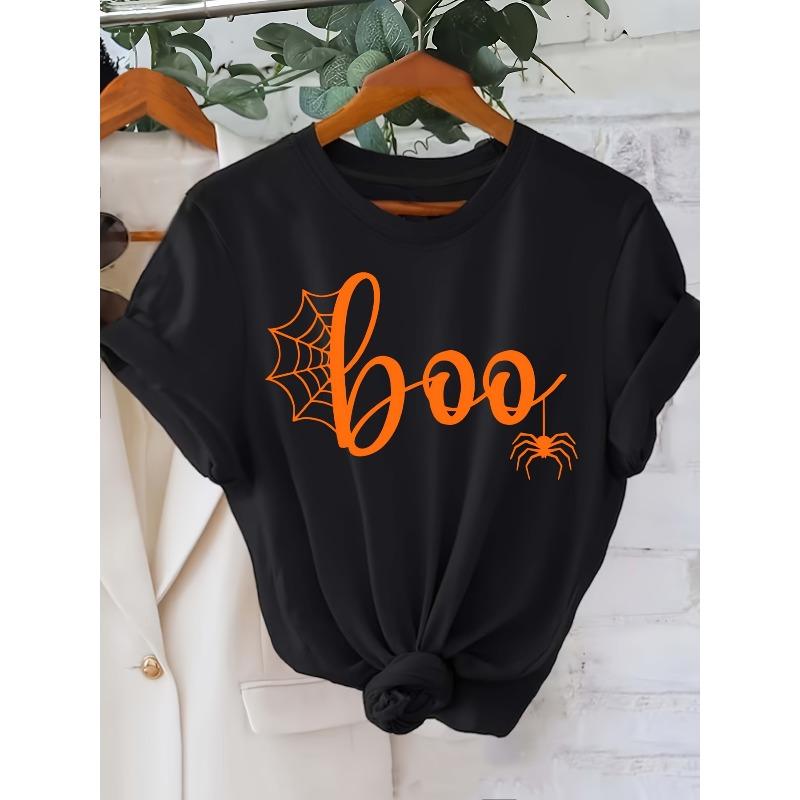 

European Size Boo Spider Web Graphic Halloween Regular Short Sleeve T Shirt 4XL