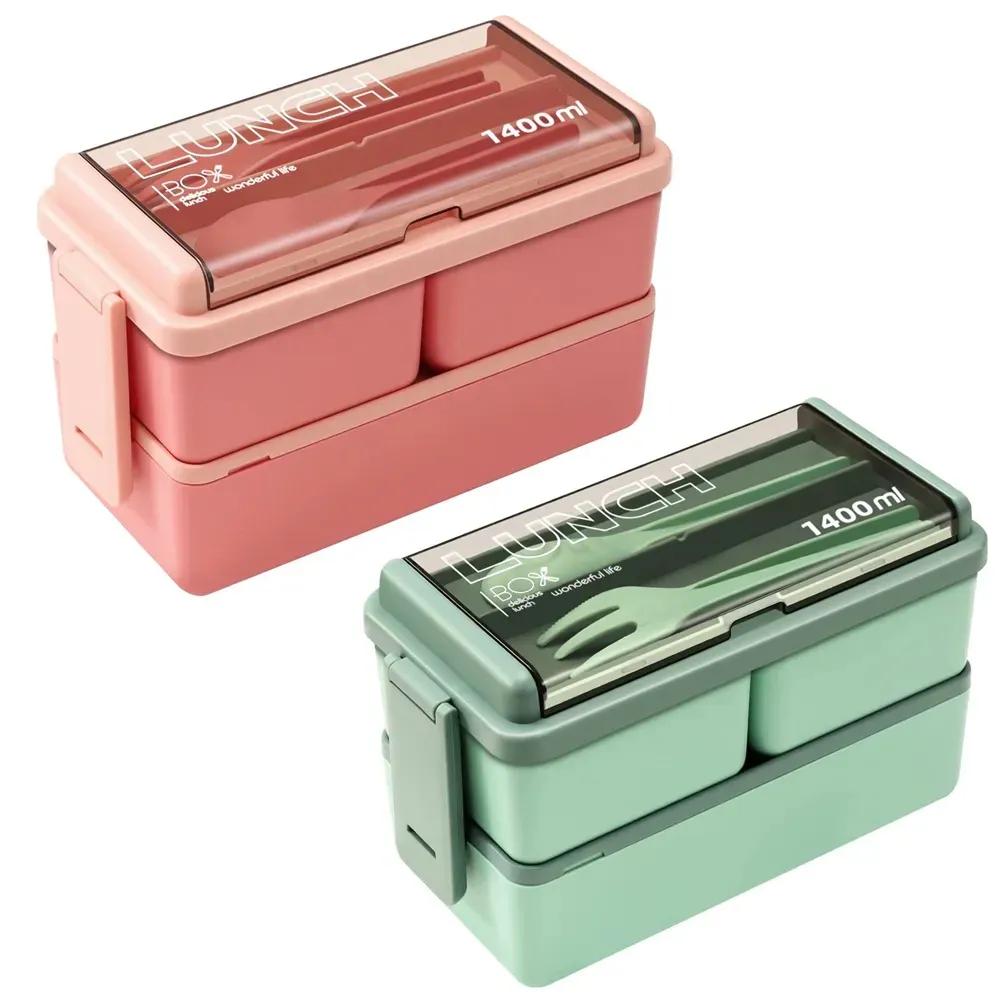Double Layer Portable Lunch Box For Kids With Fork and Spoon Microwave Bento Boxes Dinnerware Set Food Storage Container YFA2052