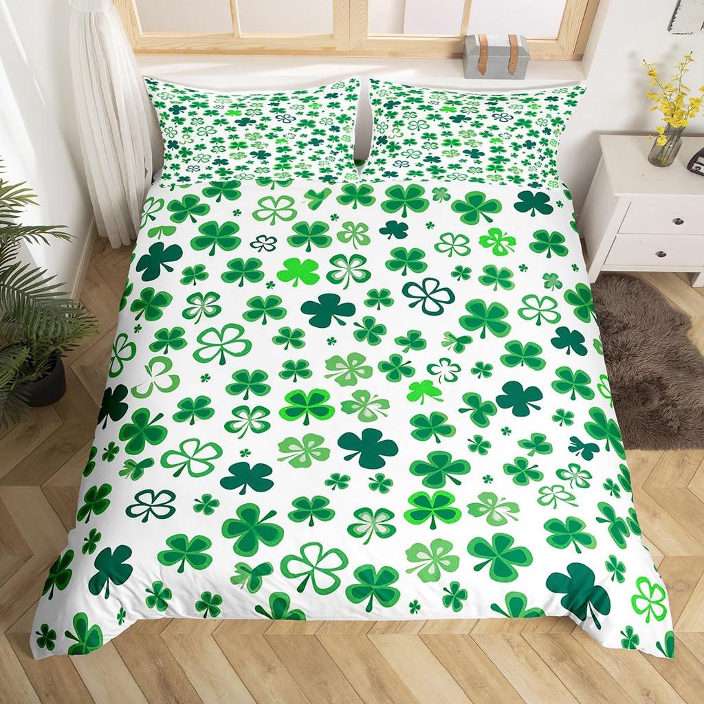 St. Patrick's Day Duvet Cover Queen Cartoon Green Clover Leaves Quilt Cover Holiday Spring Lucky Theme Bedding Set for Dorm Room