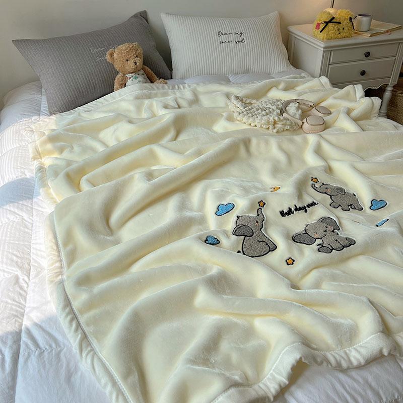 Solid Thick Cartoon Towel Embroidered Blanket Double Layer Warm Milk Velvet Sofa Cover Cozy Breathable Bedspread for Adult Kids
