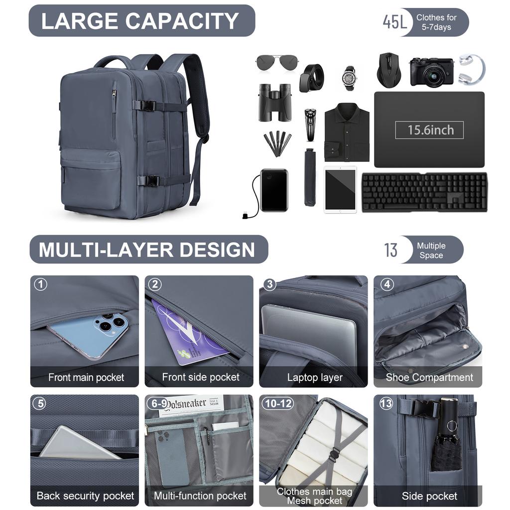 Reise-Laptop-Rucksack für Damen und Herren, College, erweiterbare USB-Tasche, große Kapazität, 17,3 Zoll, wasserdicht, Outdoor-Schuhaufbewahrung, Herrentasche