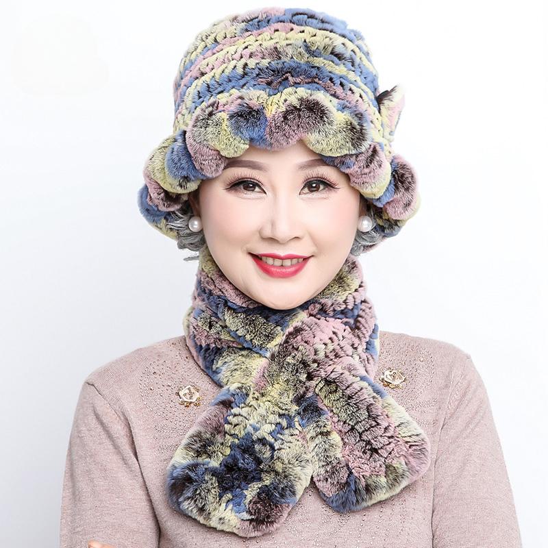 Rex Rabbit Hair Hat Children's New Mother Hat Winter Warm Korean Version Grandma Hat Scarf Middle and Old Age Hat Scarf